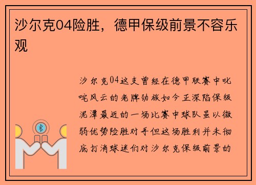 沙尔克04险胜，德甲保级前景不容乐观